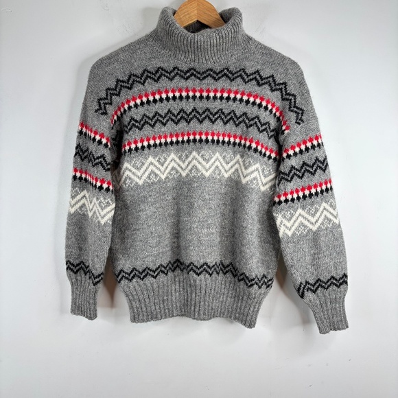 VTG Norwegian Wool Turtleneck Sweater S Nordic Fair Isle Grey Ski Retro Grandpa - Picture 1 of 9